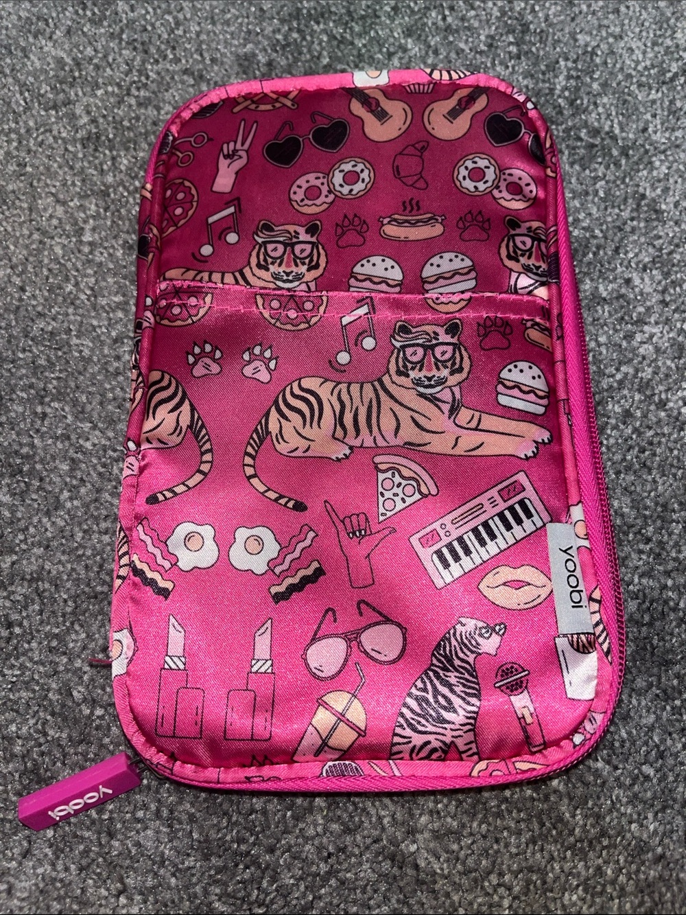 Yoobi Hot Pink Kids Pencil Pouch with Tiger & Snack Print